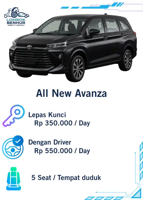 Rent car Sewa Mobil All New Avanza Hitam di Lombok Benhur Mobility Rentals harga mulai 350rb per hari lepas kunci dan dengan driver 5 seat