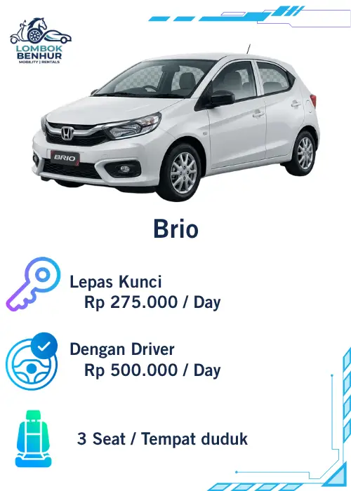 Rent car Sewa Mobil Honda Brio Putih di Lombok Benhur Mobility Rentals harga murah 275rb per hari lepas kunci dan dengan driver