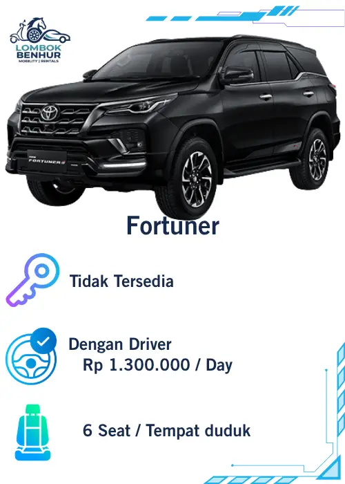 Rent car Sewa Mobil Toyota Fortuner Hitam di Lombok Benhur Mobility Rentals sewa dengan driver harga 1,3 juta per hari 6 seat