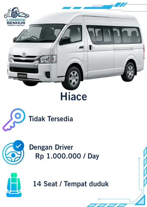 Rent car Sewa Mobil Toyota Hiace Commuter Putih di Lombok Benhur Mobility Rentals sewa dengan driver harga 1 juta per hari 14 seat
