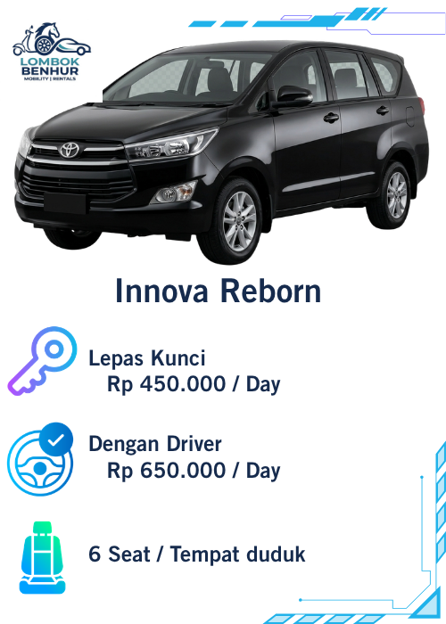 Rent car Sewa Mobil Toyota Innova Reborn Hitam di Lombok Benhur Mobility Rentals harga mulai 450rb per hari lepas kunci dan dengan driver 6 seat